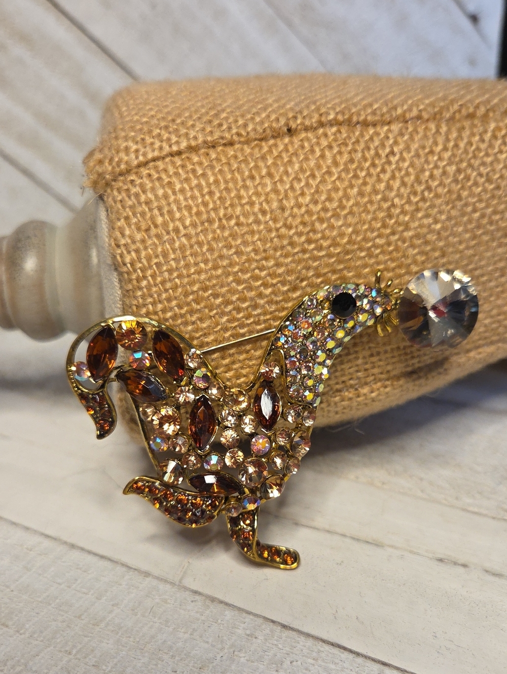 Vintage Oversized Seal With Ball Brooch Pin Or Pendant Amber and AB Faux Crystal